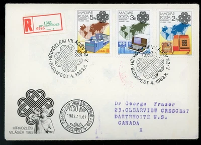 HUNGARY 1983 REGISTERED FDC TO DARMOUTH CANADA, WORLD COMMUNICATIONS YEAR ! LO93 - Image 1 of 2