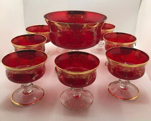 Raro Compote Pequeño Vidrio Soplado a Mano Rubí y Oro Años 50 y 8 Tazas de Postre. - Imagen 1 de 6