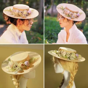 Vintage viktorianischer Mädchen Damen Blumen Strohhut Tee Party flacher Hut Fascinator - Bild 1 von 8
