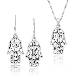 Mystical Filigree Sterling Silver Hamsa Hand Good Luck Earrings Necklace Set - Picture 1 of 5