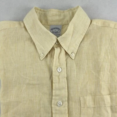 Brooks Brothers Short Sleeve Shirt Irish Linen Men Large Slim Fit Yellow Striped - Image 1 of 4