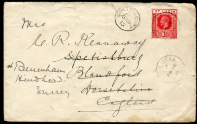 Santa Lucía (24446): Vieux Fort “VF” a Spettisbury, Dorset cancelar/cubrir 1915 Foto 1 de 2