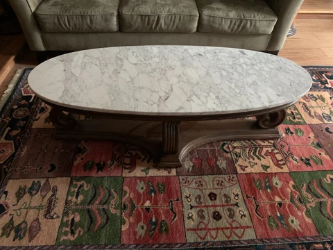 VINTAGE PRETTY WHITE AND GRAY MARBLE TOP WOOD COFFEE TABLE LOCAL PICK UP ONLY Cover