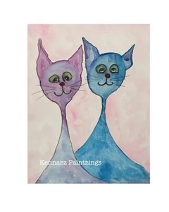 Painting Original Whimsical Cats Watercolour Unframed  art By Kenna 12” X 9” - Imagen 1 de 3