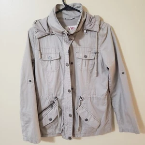 YMI Anorak Jacket Med Zip Snap Front Removeable Hood RollTab Sleeves Light Beige - Picture 1 of 17