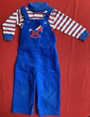 Boys Health Tex Blue Corduroy Overalls & Striped Knit Shirt Set 24 Month 1980’s - Image 1 of 4