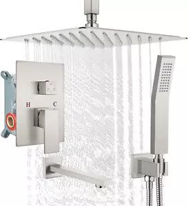 Shower System with Tub Spout 12 Inch 3 Function Ceiling Mount Rainfall Shower He - Picture 1 of 9