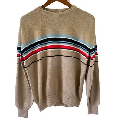 Vintage Tan Striped Grandpacore Acrylic Crewneck Sweater Men's Small S Grunge - Image 1 of 4