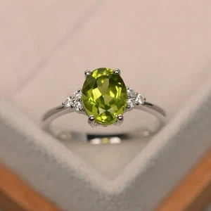2.15 Ct Oval Natural Peridot & Diamond Engagement Bridal Ring 14k White Gold - Picture 1 of 6