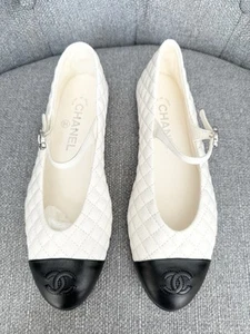2025 CHANEL CC LOGO WHITE LEATHER MARYJANE BALLET FLATS SHOES SILVER BUCKLE 37C - Picture 1 of 20
