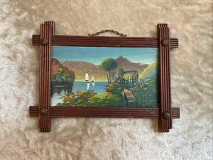 VTG SM Oil Painting On Cardboard Eastlake Adirondack Style Wood Picture Frame - Picture 1 of 10