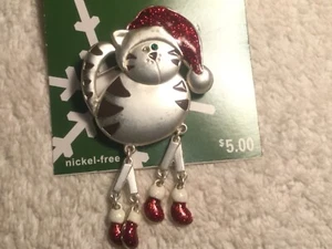 VTG 2 3/4" CHRISTMAS CAT in SANTA HAT w DANGLE LEGS PIN - Picture 1 of 4