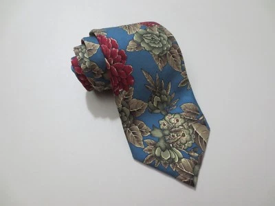 Lands' End Necktie Tie Silk USA Blue / Gray Flowers Red Green Light Brown (P2751 - Image 1 of 4