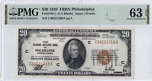 1929 $20 PMG EPQ 63 Philadelphia, Penn. Federal Reserve Bank Note ☆☆ Fr#1870 ☆☆ - Picture 1 of 2