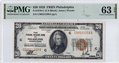 1929 $20 PMG EPQ 63 Philadelphia, Penn. Federal Reserve Bank Note ☆☆ Fr#1870 ☆☆ - Image 1 of 2