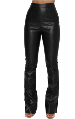 NEW White Fox Flare Pants Sz M 10 Show It Off Vegan Faux Leather Hi Waist Black - Image 1 of 4