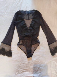 Ladies Boux Avenue Lace Body Bodysuit Sheer Bow/Lace UK 8/10 Long Sleeves Black - Picture 1 of 10