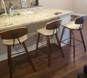 Set of 3 Counter Height Bar Stools 28.5" Brown Cream Faux Leather Kitchen Chairs - Picture 1 of 8