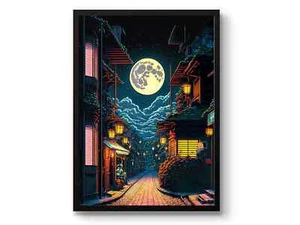 High quality poster of a  Anime Village at Night Poster, 8bit Pixel Print - Picture 1 of 3