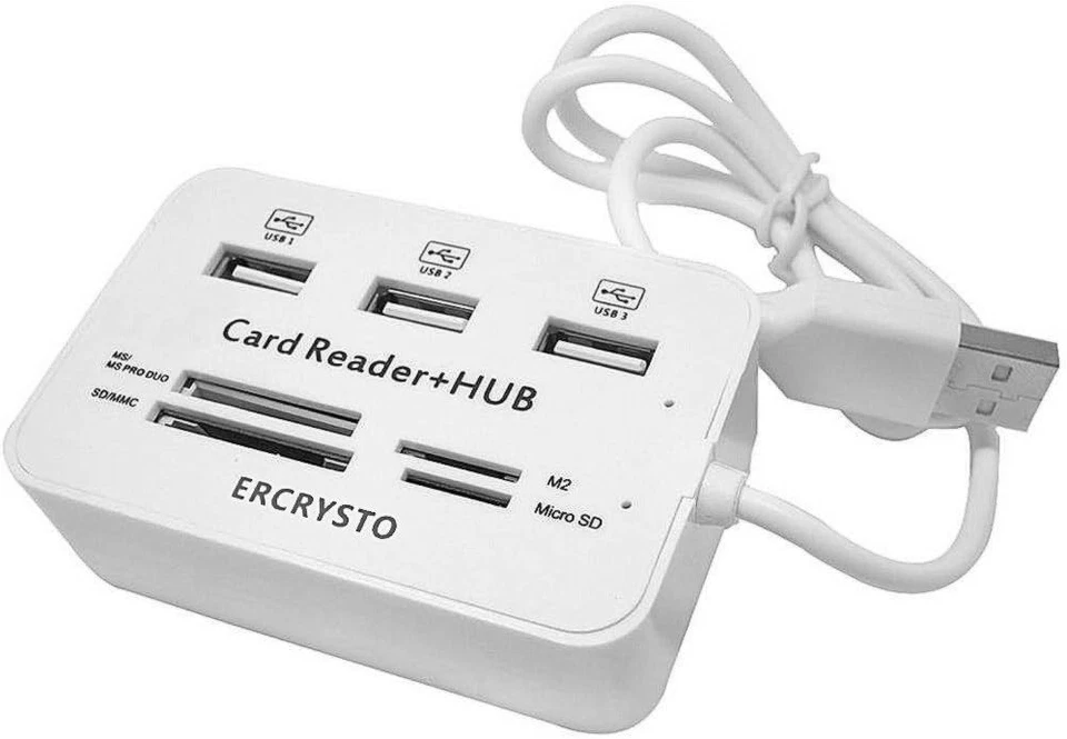 ERCRYSTO Card Reader and 3 Ports USB Hub High Speed External Memory White