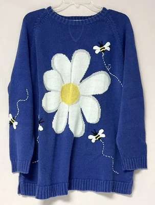Quacker Factory Sweater Womens 1X Daisy Flower Bee Embroidered Pullover Cute - Image 1 of 4