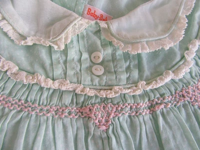 Vestido Vintage Años 70 Baby Debs 6/9 Meses Calado a Mano Verde Lunares Foto 1 de 4