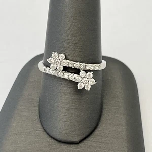 STERLING SILVER 925 CZ DOUBLE FLOWER BYPASS RING - 8 - Picture 1 of 6