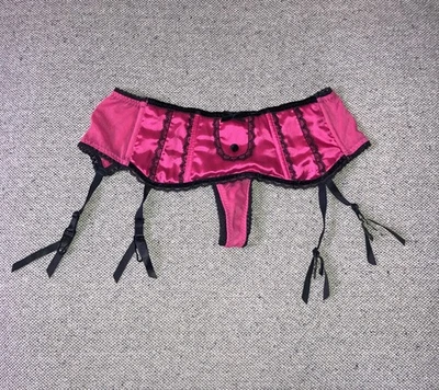 Victoria's Secret Cinturón Liguero Rosa Negro Satinado con Malla Tanga Bragas Sissy S Foto 1 de 4