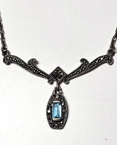 Sterling Silber 925 A blauer Edelstein - Markasiten Anhänger Halskette - Bild 1 von 6