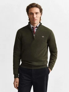 GANT Mens Khaki Green Melange Superfine Lambswool Half Zip Sweater - Picture 1 of 5