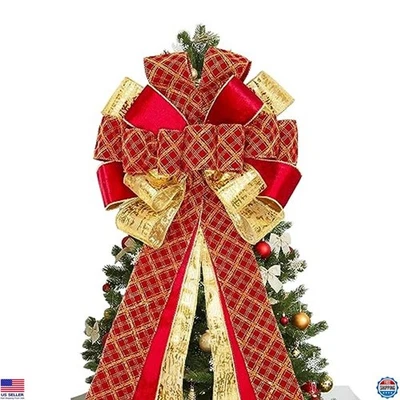 53"x 13" Handmade Christmas Tree Topper Bow - Red Gold Plaid Glitter Velvet - Image 1 of 4