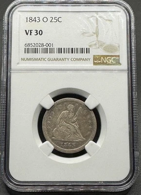 1843-O SEATED LIBERTY SILVER QUARTER NGC VF30 10EGD25 - Image 1 of 4
