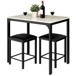 Modern 3-Piece Dining Set White Faux Marble Table-Top and 2 Black Chairs Stools - Picture 1 of 3