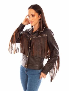 Scully Womens Western Fringe Chocolate Leather Leather Jacket - Picture 1 of 3