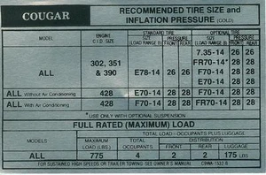 1969 COUGAR/XR-7 TIRE PRESURE DECAL - Picture 1 of 1