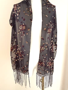 VTG Velvet Burnout Scarf Wrap Black Floral Fringe Beads Artsy Whimsigoth 64X13" - Picture 1 of 10
