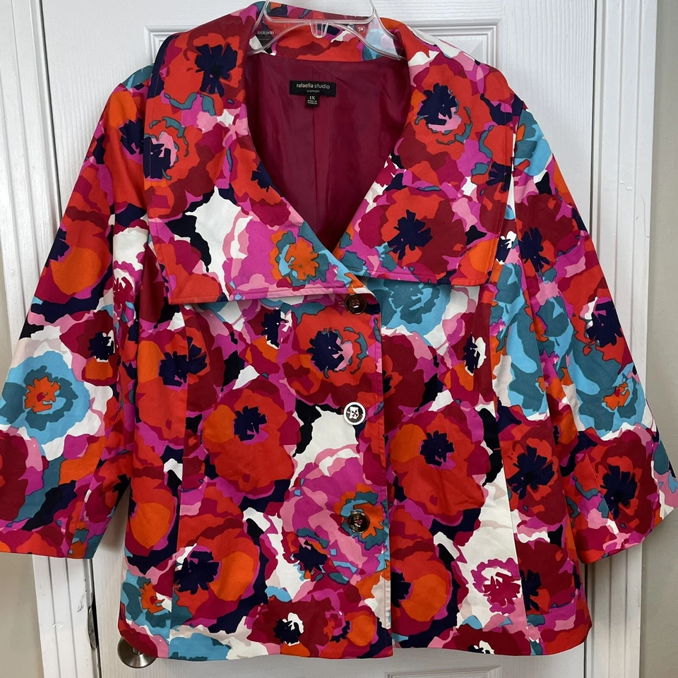 RAFAELLA Woman Size 1X Bright Bold Floral Jacket Fully Lined Cotton Spandex - Image 1 of 4