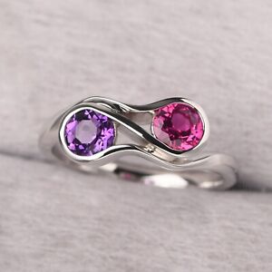 Ruby and Amethyst Ring 925 Sterling Silver Ring  Couple Ring Round Cut Ring.