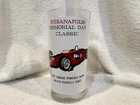 BEAUTIFUL 1967 Indianapolis 500 Frosted Glass Tumbler, Parnelli Jones, A.J. Foyt Cover