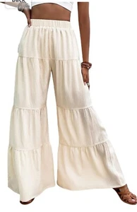 Beach 🏖Floerns Flowy Boho Elastic Waist Ruffle Loose Palazzo Pants Beige XL - Picture 1 of 11