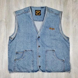Men's Vtg FILA 90's Blue Worn Dingy Look Denim Vest Jacket Snap Button - XL - Picture 1 of 8