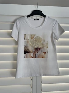 Casual Cotton White Embellished Lady with hat Beaded Jewelled T-shirt Tee Top S - Picture 1 of 3