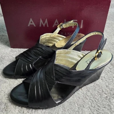 Amalfi by Rangoni Black Italian Leather Wedge Slingback Sandals 7M Italy NEW - Image 1 of 4