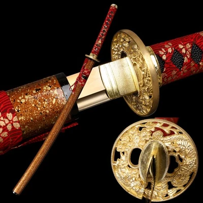 Japanese Red Samurai Sword Katana 1095 Carbon Steel Full Tang Sharp Dragon Saya - Image 1 of 4