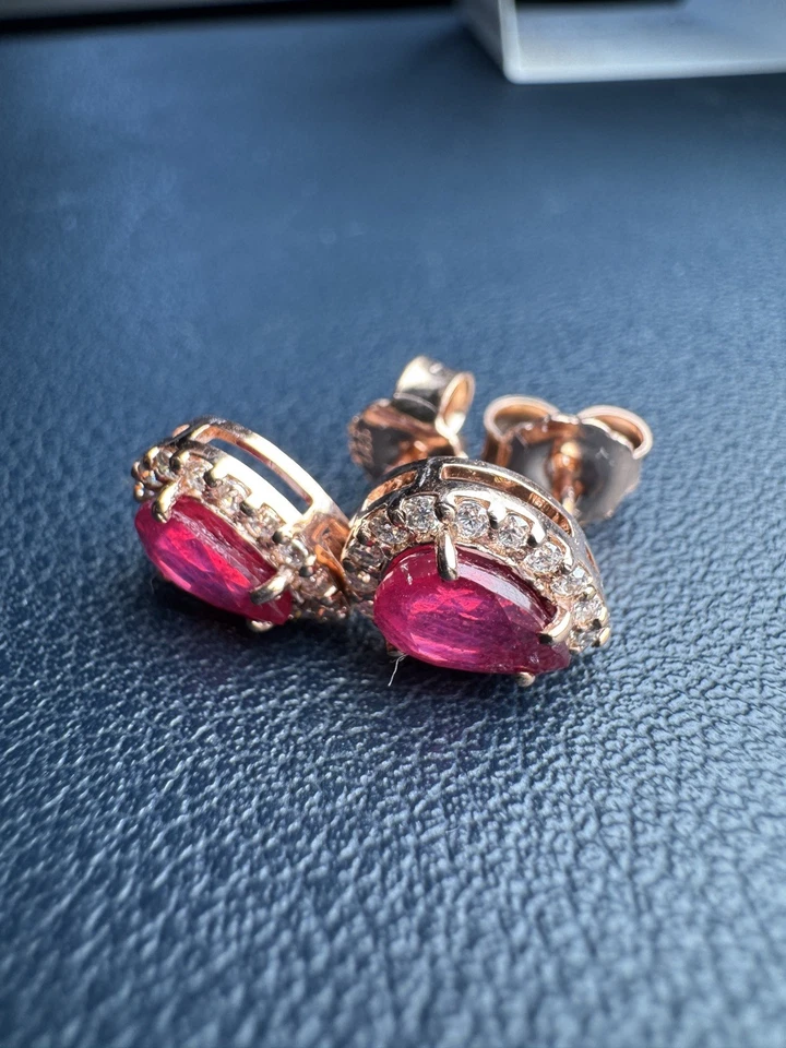 14K Rose Gold Pear Cut 3.00ct Natural Ruby & 0.36ct Natural Diamonds Earrings - Image 1 of 4