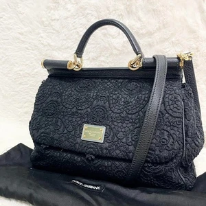 DOLCE&GABBANA Sicily 2way Bag Hand Shoulder Lace Embroidery Black Used Japan - Picture 1 of 13