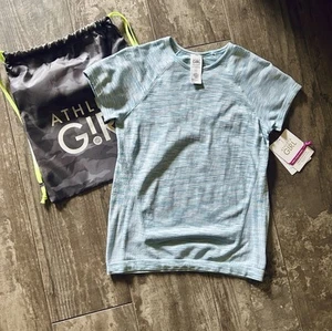 NWT Athleta Girl Power Up Seamless Tee Top Blue Stripe Athletic Spacedye XL 14 - Picture 1 of 6