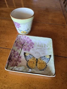 New Susan Winget Butterfly"Plant Your Wishes" Herb Pot And Trinket/Display Plate - Picture 1 of 9