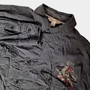 Vintage Y2K Decree Mens Button Down Shirt Lg Black Red Embroidered Angel Wings - Picture 1 of 7