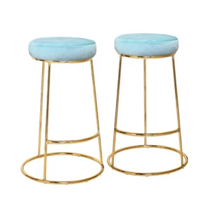 2 x New Kitchen Bar Stools Golden Legs Barstool Dining Chairs Blue Fabric - Picture 1 of 6